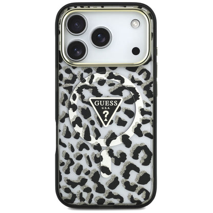 MagSafe pouzdro pro Apple iPhone 18 Pro / 17 Pro, Guess, Leopard Glitter Triangle Logo, černé