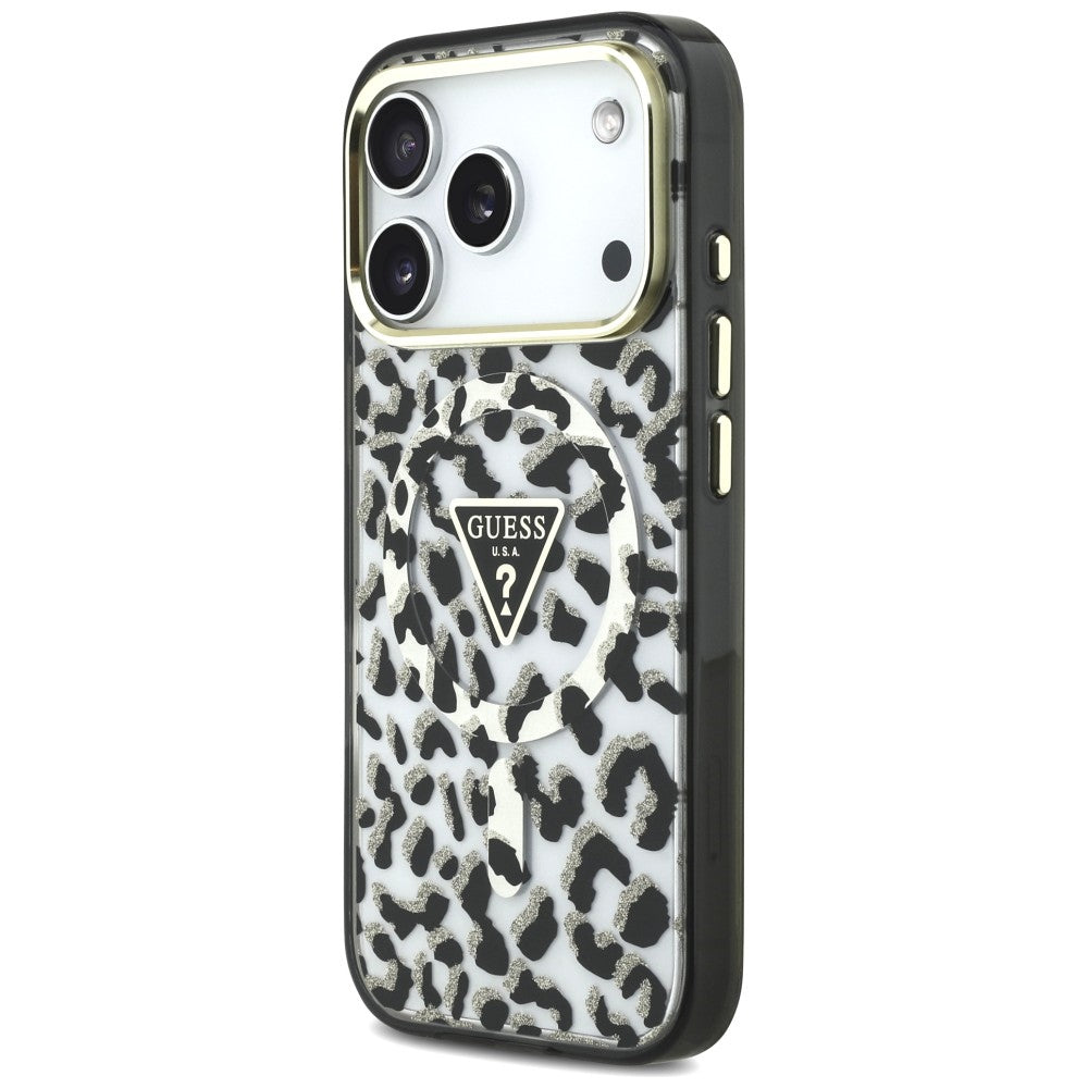 MagSafe pouzdro pro Apple iPhone 18 Pro / 17 Pro, Guess, Leopard Glitter Triangle Logo, černé