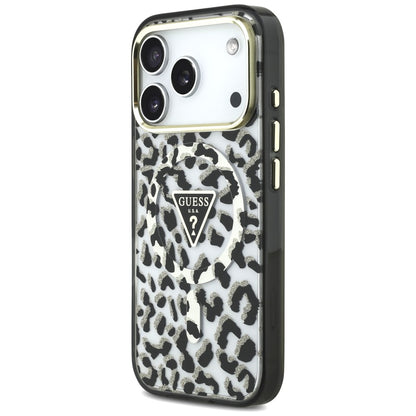 MagSafe pouzdro pro Apple iPhone 18 Pro / 17 Pro, Guess, Leopard Glitter Triangle Logo, černé