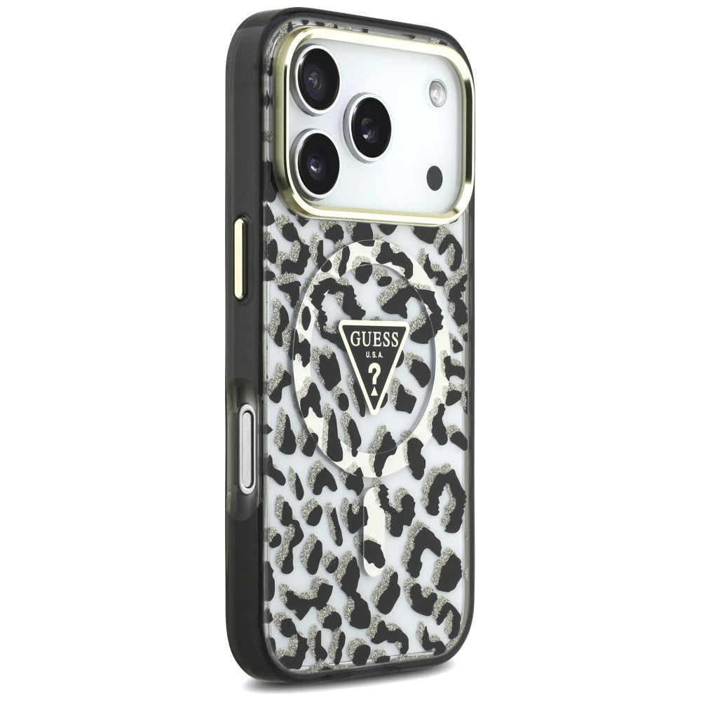MagSafe pouzdro pro Apple iPhone 18 Pro / 17 Pro, Guess, Leopard Glitter Triangle Logo, černé