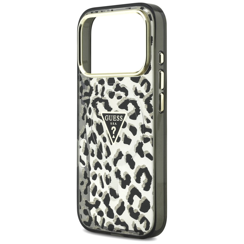 MagSafe pouzdro pro Apple iPhone 18 Pro / 17 Pro, Guess, Leopard Glitter Triangle Logo, černé