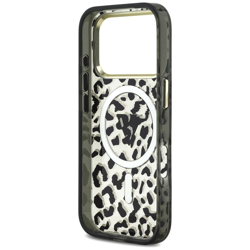 MagSafe pouzdro pro Apple iPhone 18 Pro / 17 Pro, Guess, Leopard Glitter Triangle Logo, černé
