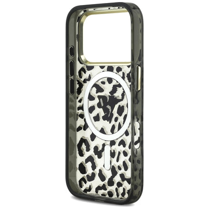 MagSafe pouzdro pro Apple iPhone 18 Pro / 17 Pro, Guess, Leopard Glitter Triangle Logo, černé