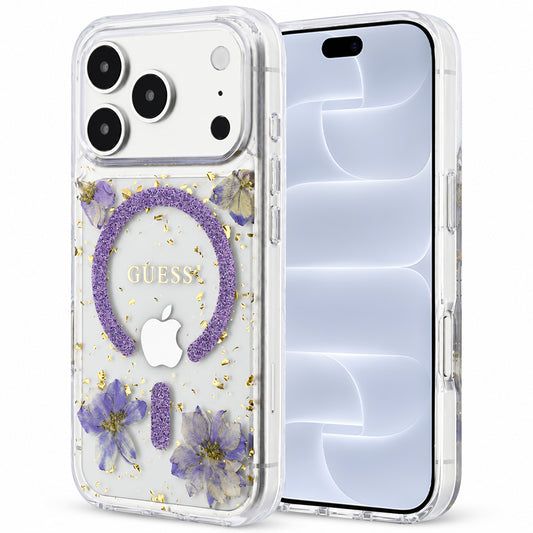 MagSafe pouzdro pro Apple iPhone 18 Pro / 17 Pro, Guess, Resin Flowers and Glitter, Fialová
