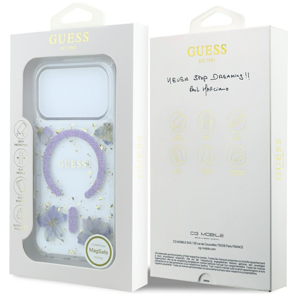 MagSafe Case for Apple iPhone 18 Pro / 17 Pro, Guess, Resin Flowers and Glitter, Purple