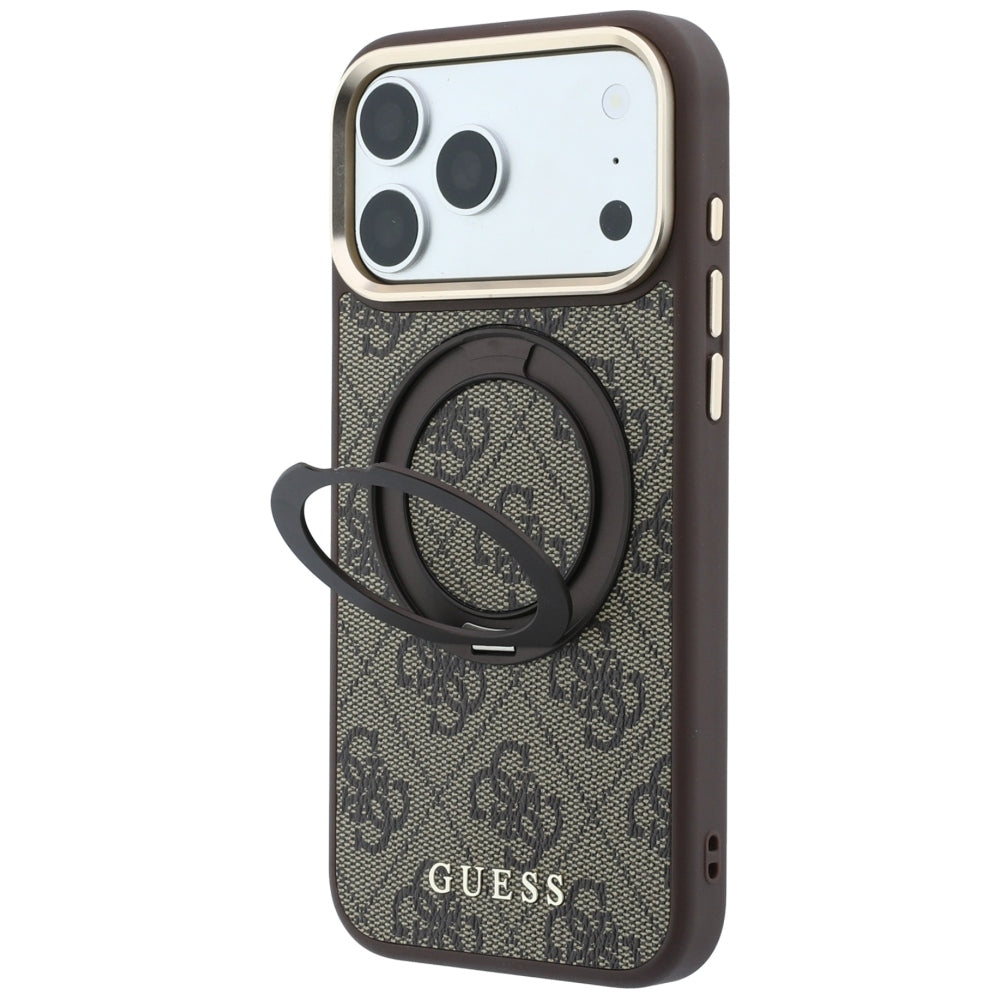 MagSafe pouzdro pro Apple iPhone 18 Pro / 17 Pro, Guess, Ring Stand 360 4G Classic Logo, Hnědá