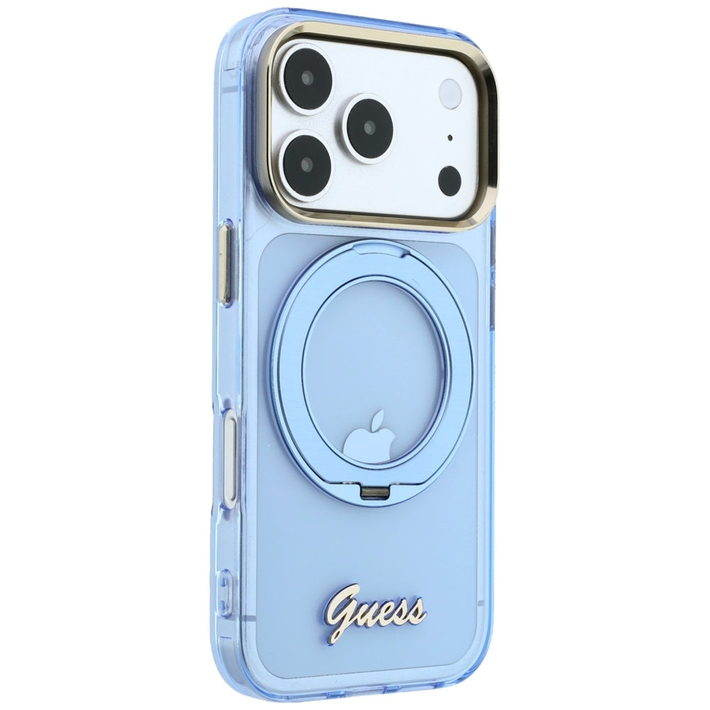 MagSafe pouzdro pro Apple iPhone 18 Pro / 17 Pro, Guess, Ring Stand Script Metal Logo, Bleu