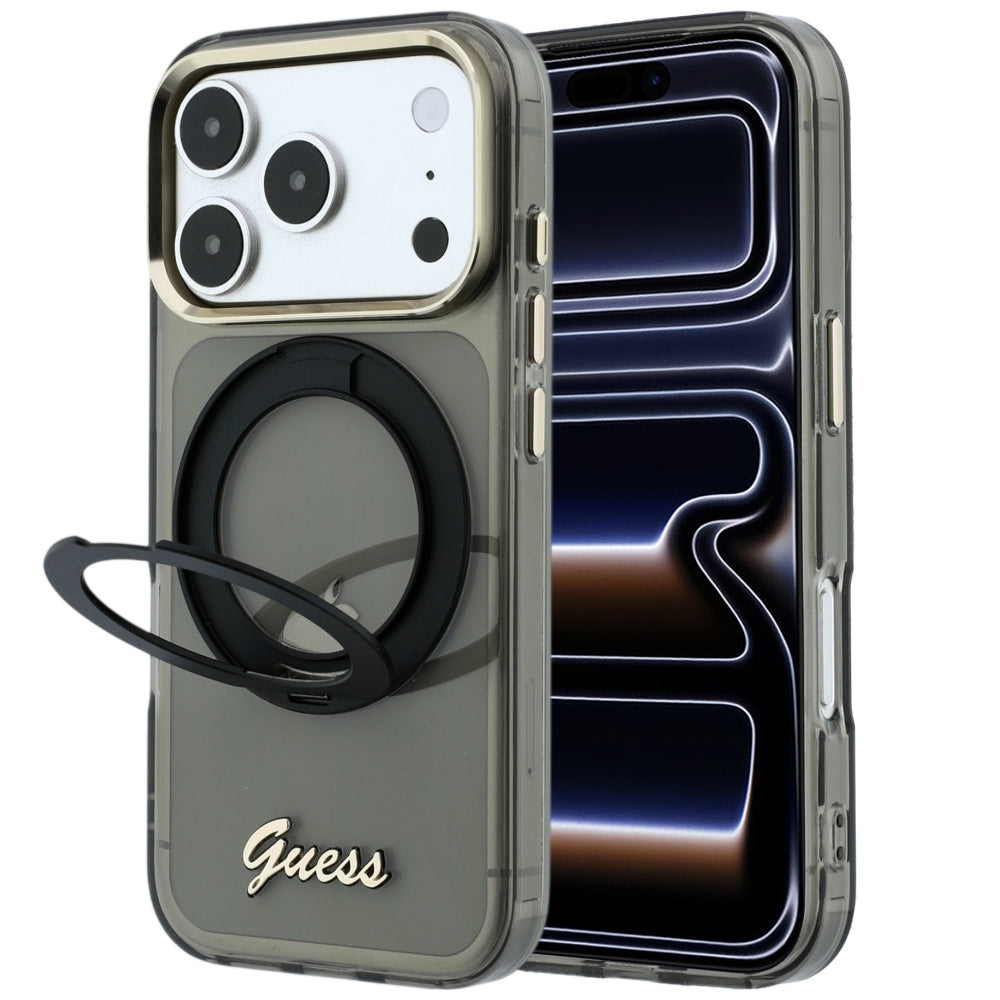 MagSafe pouzdro pro Apple iPhone 18 Pro / 17 Pro, Guess, Ring Stand Script Metal Logo, černé