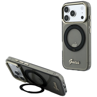 MagSafe pouzdro pro Apple iPhone 18 Pro / 17 Pro, Guess, Ring Stand Script Metal Logo, černé