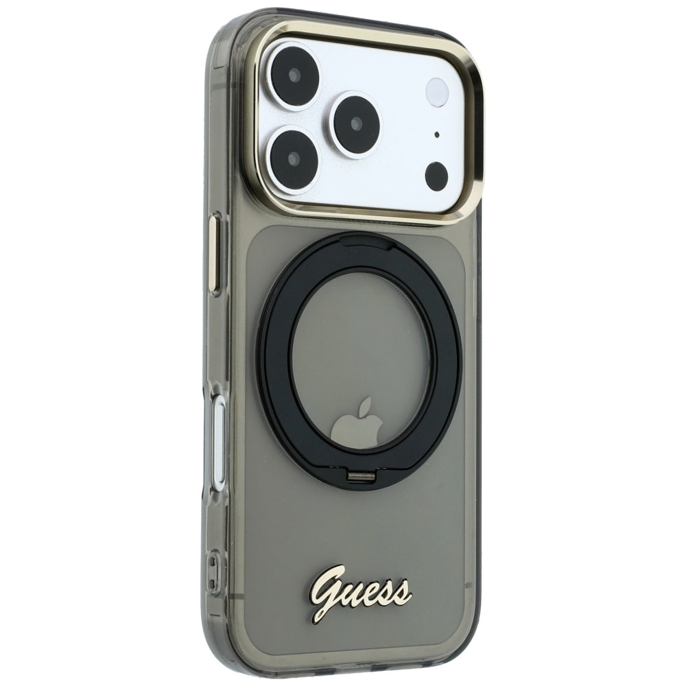 MagSafe pouzdro pro Apple iPhone 18 Pro / 17 Pro, Guess, Ring Stand Script Metal Logo, černé