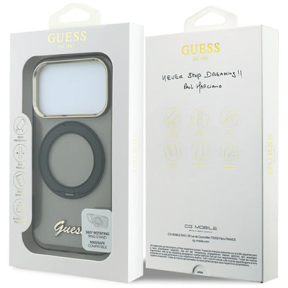 MagSafe pouzdro pro Apple iPhone 18 Pro / 17 Pro, Guess, Ring Stand Script Metal Logo, černé