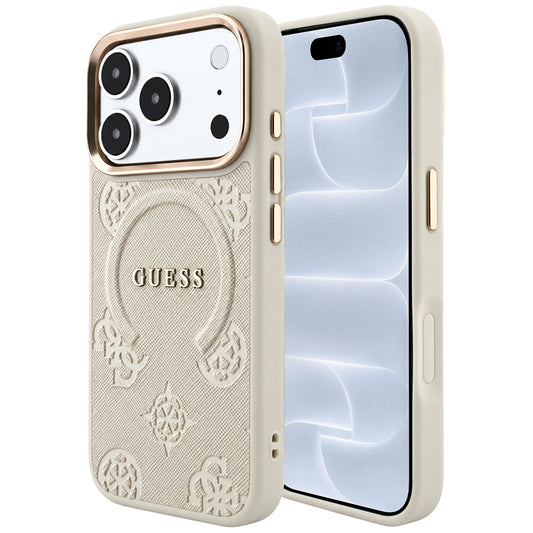 Pouzdro MagSafe pro Apple iPhone 18 Pro / 17 Pro, Guess, Saffiano Peony Ring, béžové