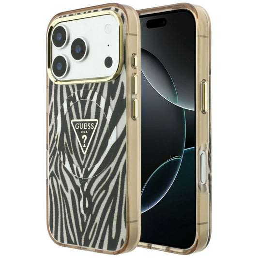 MagSafe pouzdro pro Apple iPhone 18 Pro / 17 Pro, Guess, Zebra Glitter Triangle Logo, Zlaté