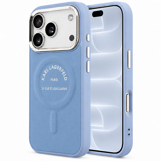 Pouzdro MagSafe pro Apple iPhone 18 Pro / 17 Pro, Karl Lagerfeld, Embossed Open Ring RSG Logo, modré