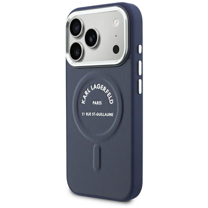 Pouzdro MagSafe pro Apple iPhone 18 Pro / 17 Pro, Karl Lagerfeld, Embossed Open Ring RSG Logo, modré