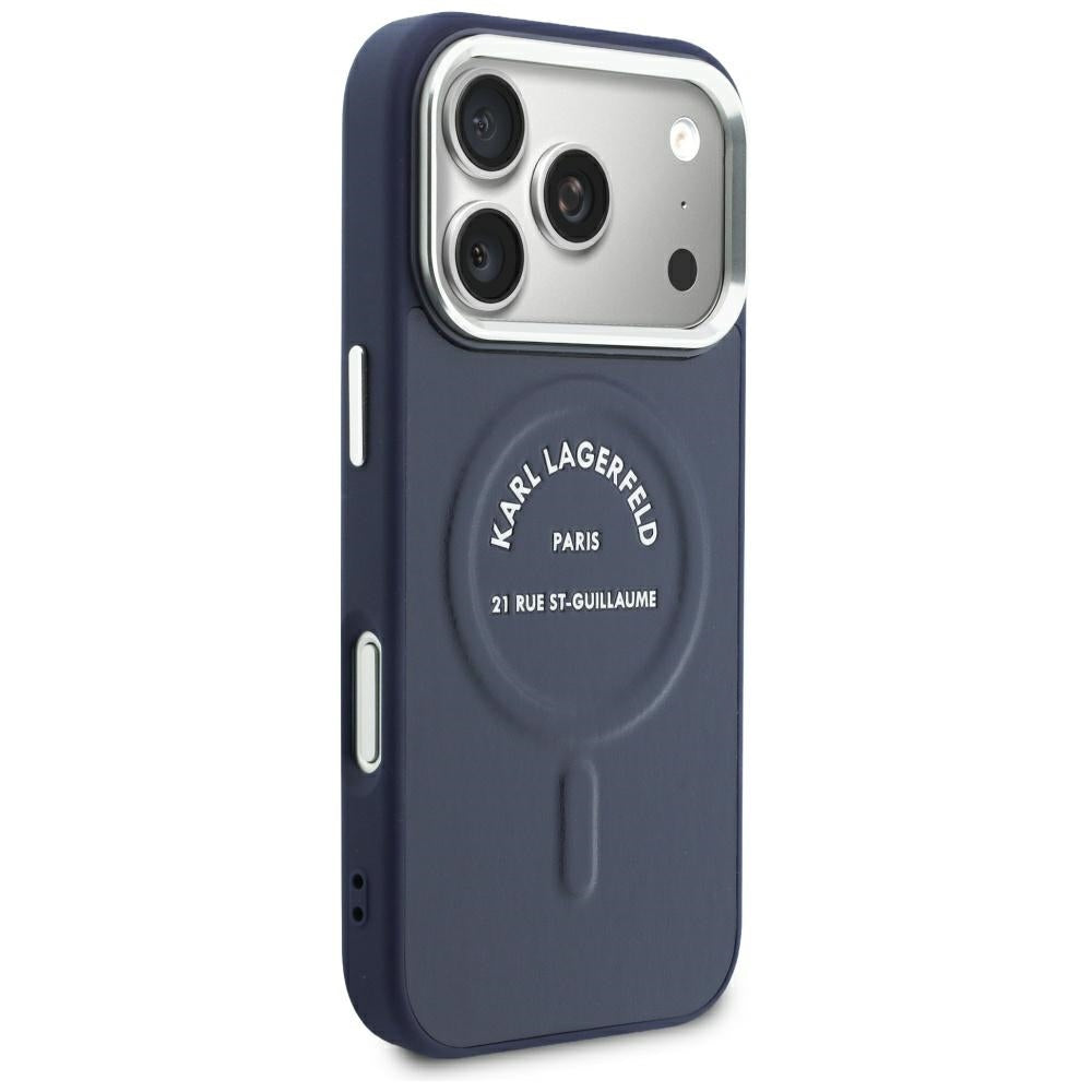 Pouzdro MagSafe pro Apple iPhone 18 Pro / 17 Pro, Karl Lagerfeld, Embossed Open Ring RSG Logo, modré