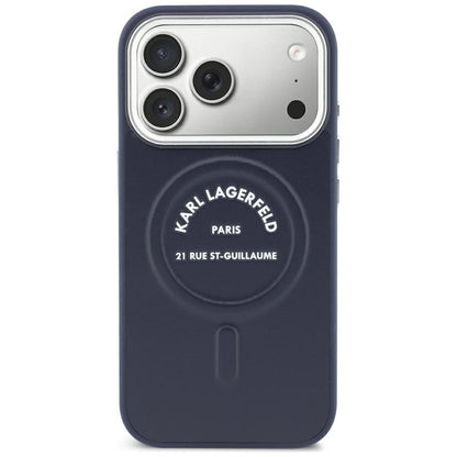 Pouzdro MagSafe pro Apple iPhone 18 Pro / 17 Pro, Karl Lagerfeld, Embossed Open Ring RSG Logo, modré
