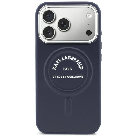 Pouzdro MagSafe pro Apple iPhone 18 Pro / 17 Pro, Karl Lagerfeld, Embossed Open Ring RSG Logo, modré