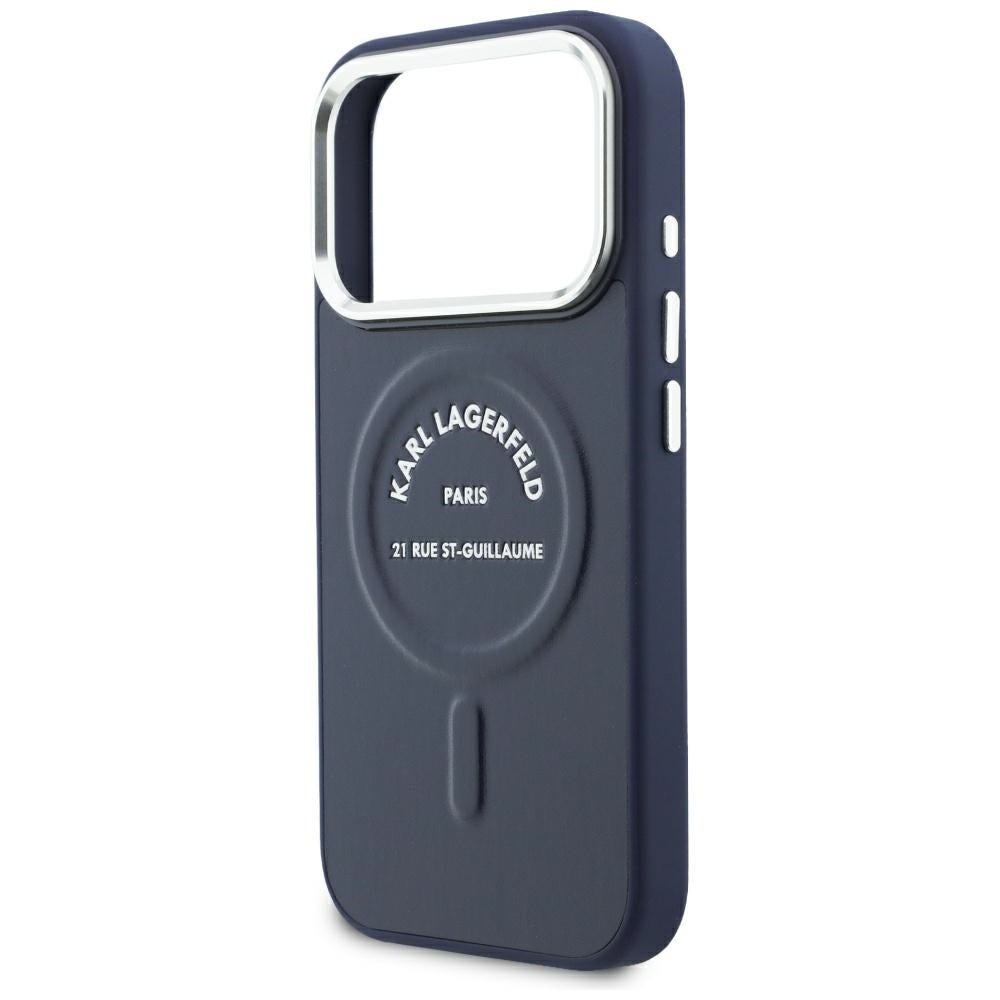 Pouzdro MagSafe pro Apple iPhone 18 Pro / 17 Pro, Karl Lagerfeld, Embossed Open Ring RSG Logo, modré