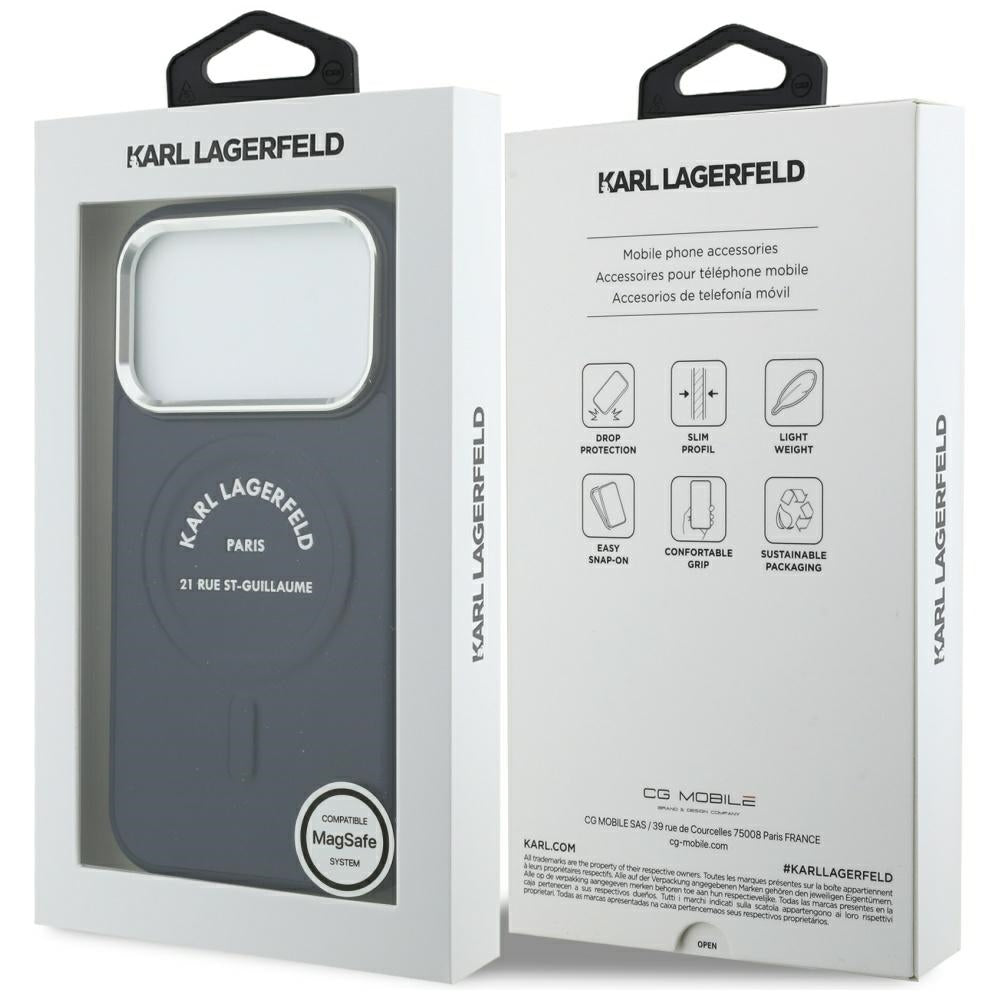 Pouzdro MagSafe pro Apple iPhone 18 Pro / 17 Pro, Karl Lagerfeld, Embossed Open Ring RSG Logo, modré