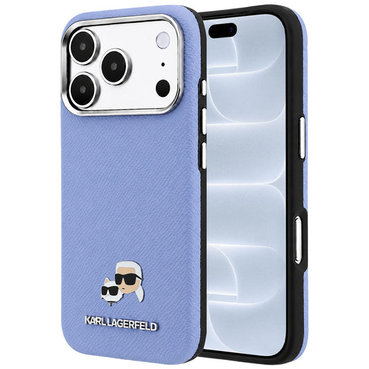 MagSafe pouzdro pro Apple iPhone 18 Pro / 17 Pro, Karl Lagerfeld, Grained Karl & Choupette Head's Metal, Bleu