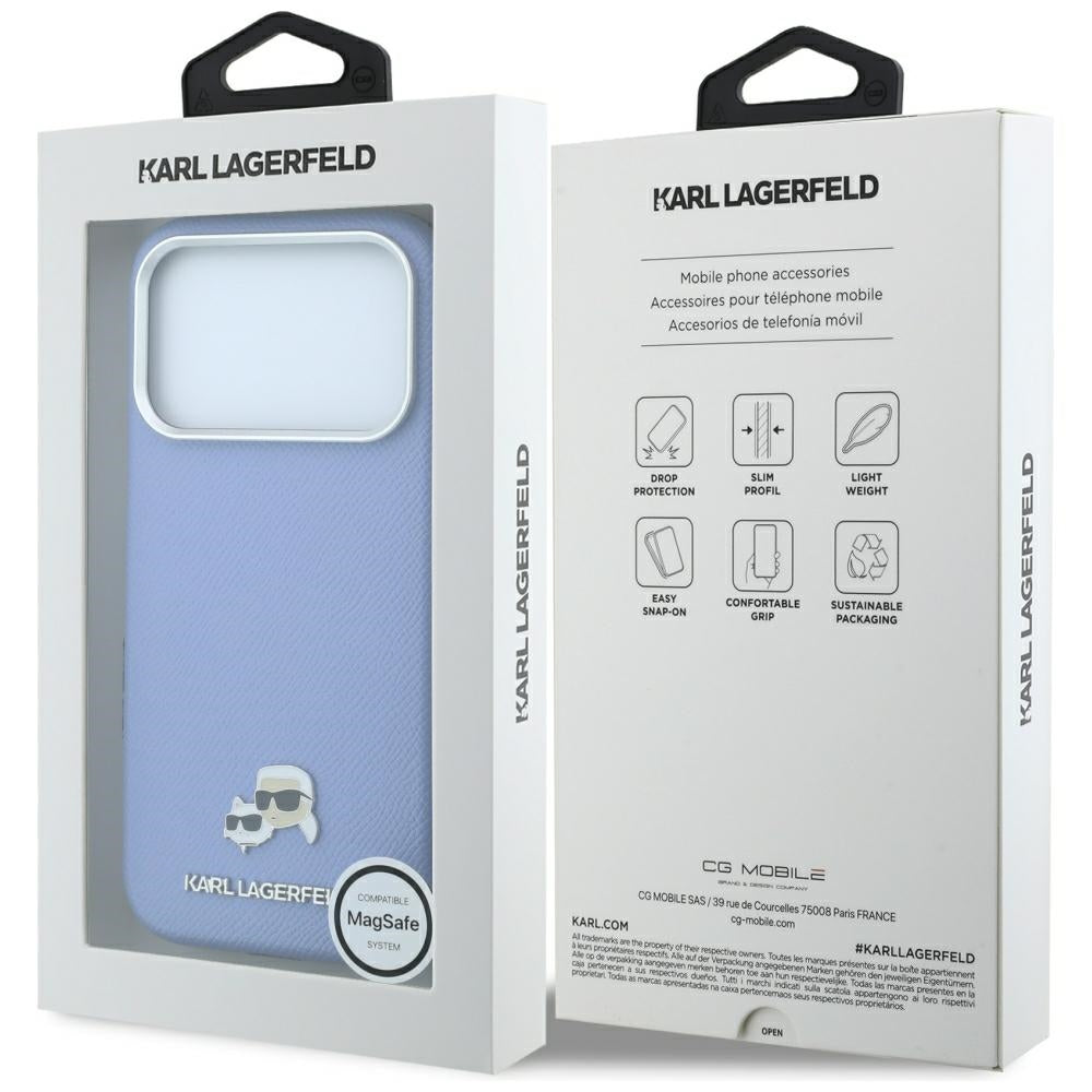 MagSafe pouzdro pro Apple iPhone 18 Pro / 17 Pro, Karl Lagerfeld, Grained Karl & Choupette Head's Metal, Bleu