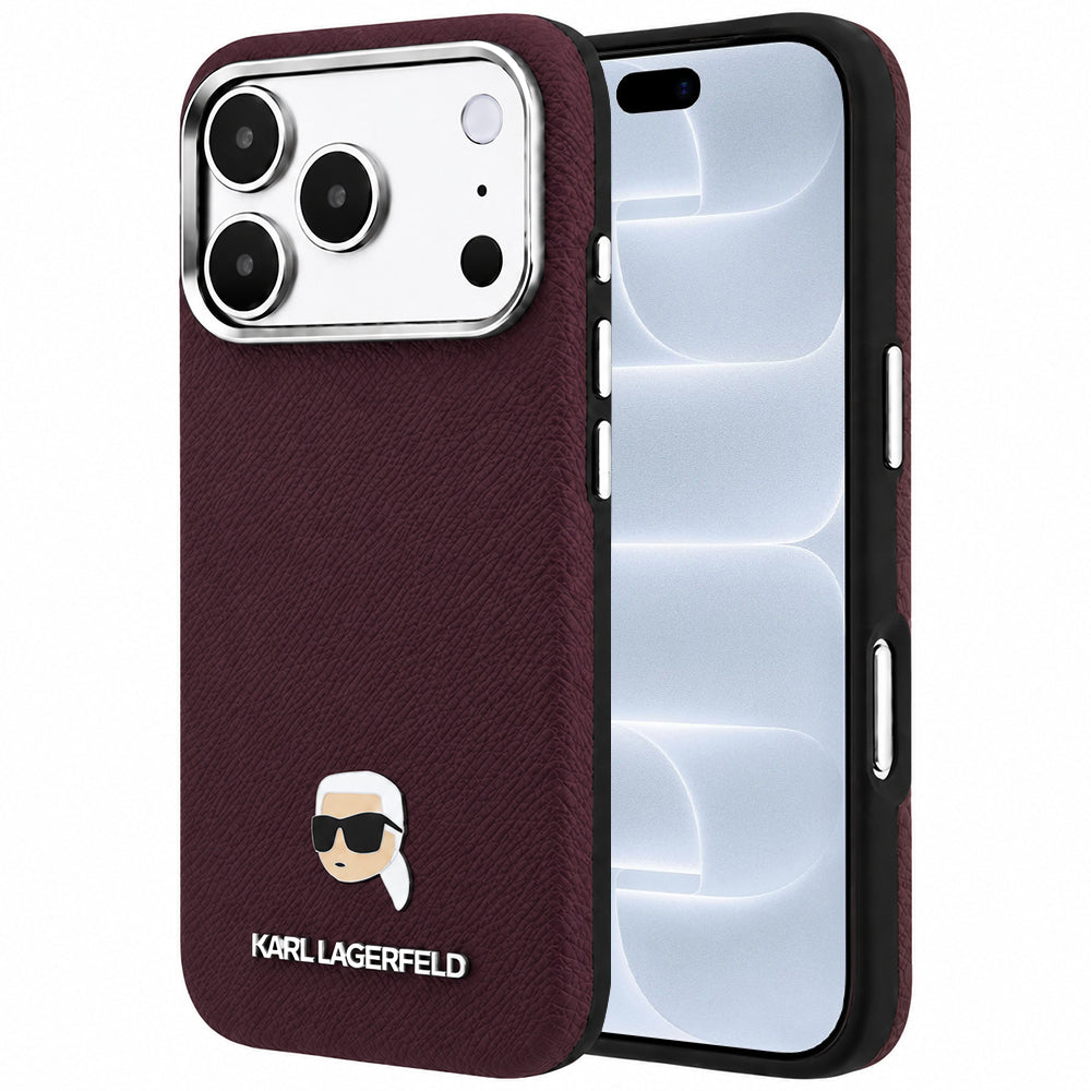 MagSafe pouzdro pro Apple iPhone 18 Pro / 17 Pro, Karl Lagerfeld, Zrnité kovové logo Karlovy hlavy, Tmavě červená