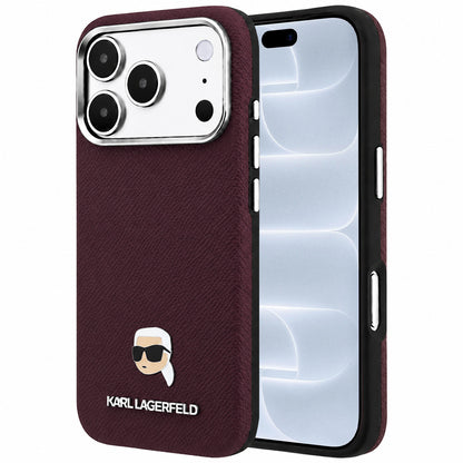 MagSafe pouzdro pro Apple iPhone 18 Pro / 17 Pro, Karl Lagerfeld, Zrnité kovové logo Karlovy hlavy, Tmavě červená