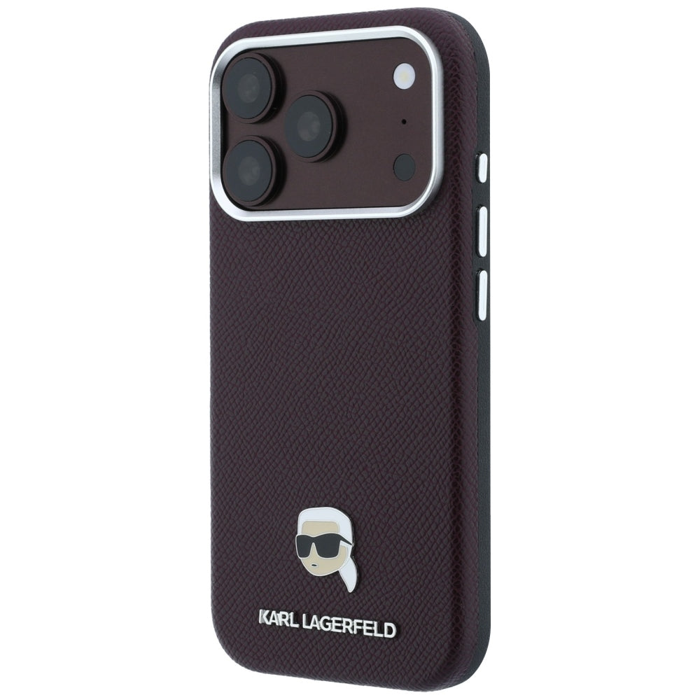 MagSafe pouzdro pro Apple iPhone 18 Pro / 17 Pro, Karl Lagerfeld, Zrnité kovové logo Karlovy hlavy, Tmavě červená