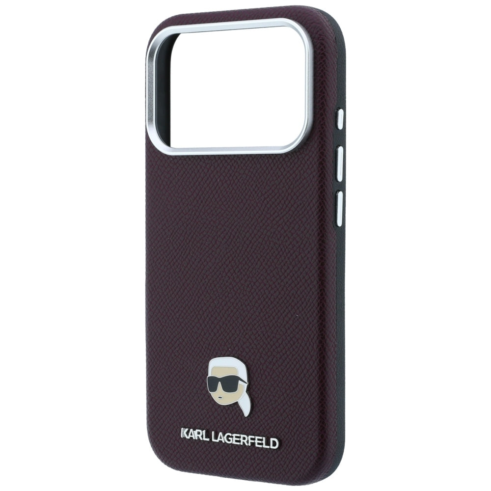 MagSafe pouzdro pro Apple iPhone 18 Pro / 17 Pro, Karl Lagerfeld, Zrnité kovové logo Karlovy hlavy, Tmavě červená