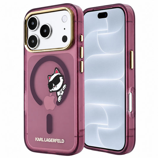 Pouzdro MagSafe pro Apple iPhone 18 Pro / 17 Pro, Karl Lagerfeld, IML Peekaboo Print and Metal Frame, vínové