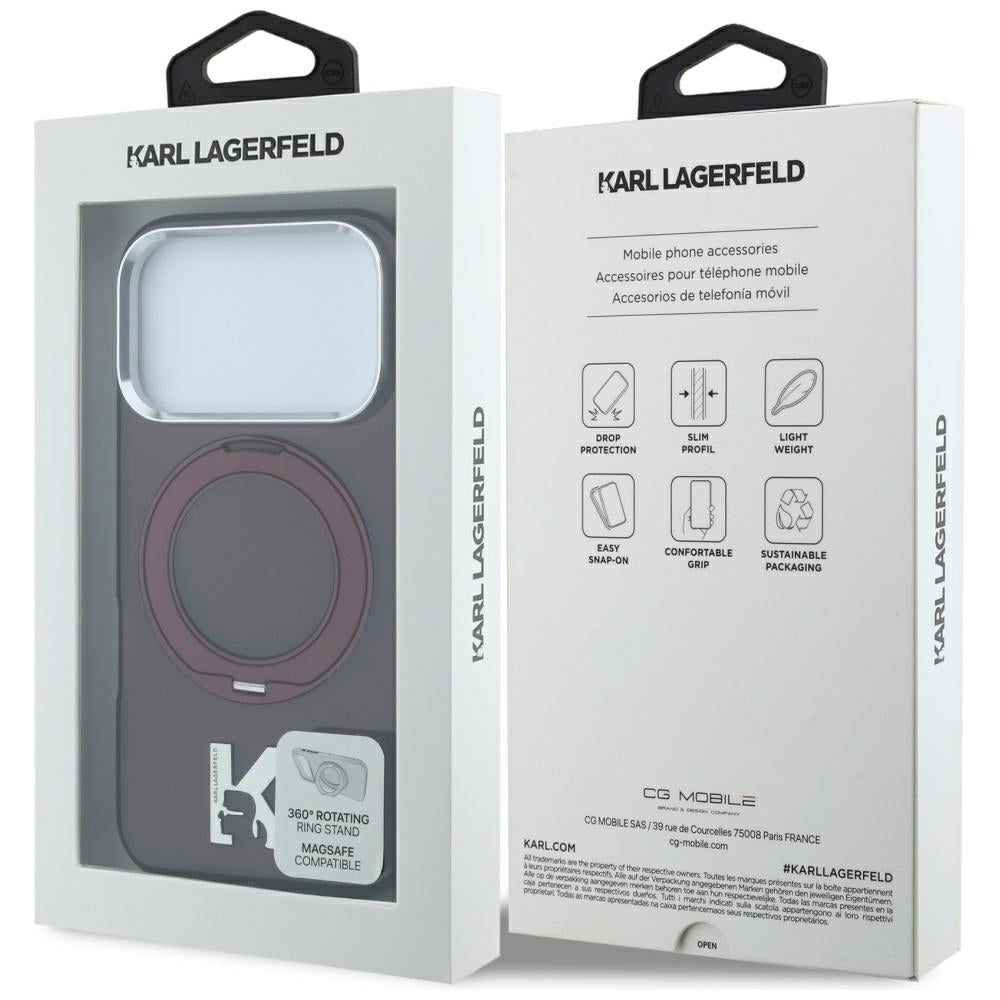 MagSafe pouzdro pro Apple iPhone 18 Pro / 17 Pro, Karl Lagerfeld, IML Ring Stand Kameo Metal, vínová