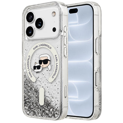 MagSafe pouzdro pro Apple iPhone 18 Pro / 17 Pro, Karl Lagerfeld, Liquid Glitter Karl & Choupette Head's, Transparentní