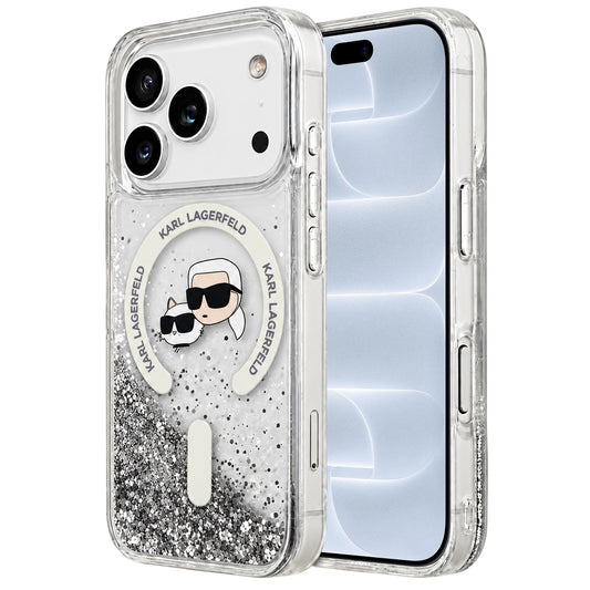 MagSafe pouzdro pro Apple iPhone 18 Pro / 17 Pro, Karl Lagerfeld, Liquid Glitter Karl & Choupette Head's, Transparentní