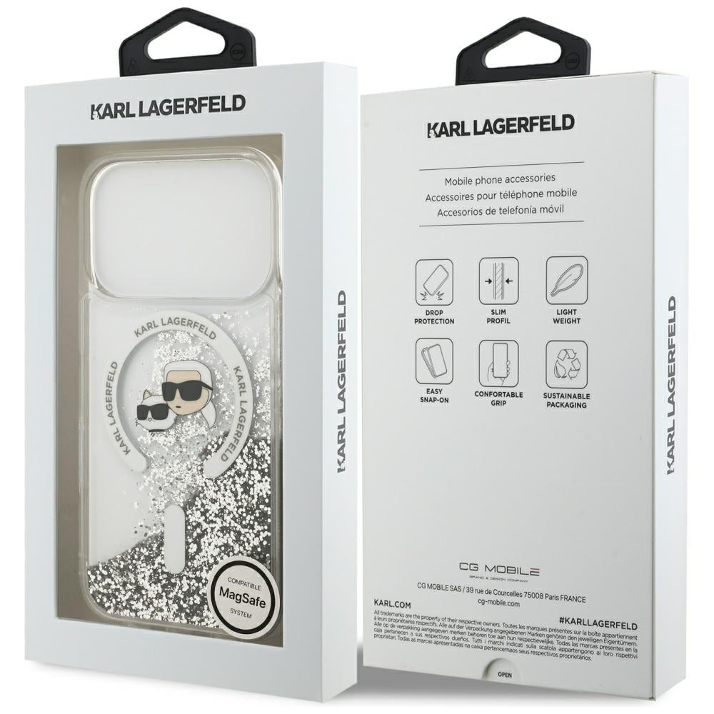 MagSafe pouzdro pro Apple iPhone 18 Pro / 17 Pro, Karl Lagerfeld, Liquid Glitter Karl & Choupette Head's, Transparentní