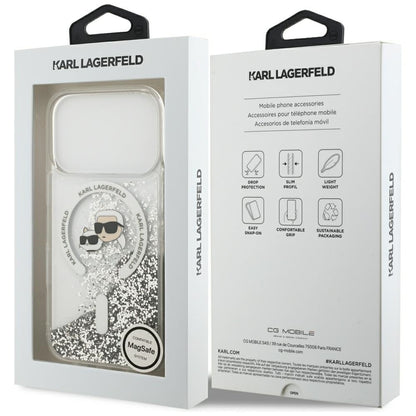 MagSafe pouzdro pro Apple iPhone 18 Pro / 17 Pro, Karl Lagerfeld, Liquid Glitter Karl & Choupette Head's, Transparentní