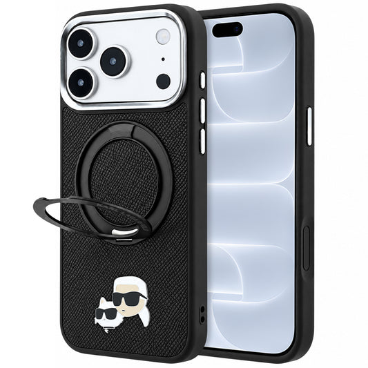 MagSafe pouzdro pro Apple iPhone 18 Pro / 17 Pro, Karl Lagerfeld, Ring Stand 360 Karl & Choupette Pin, Černá