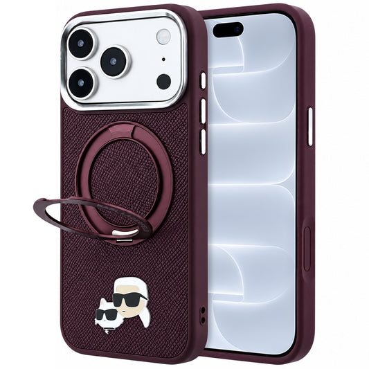 MagSafe pouzdro pro Apple iPhone 18 Pro / 17 Pro, Karl Lagerfeld, stojánek Ring 360 Karl & Choupette Pin, vínová