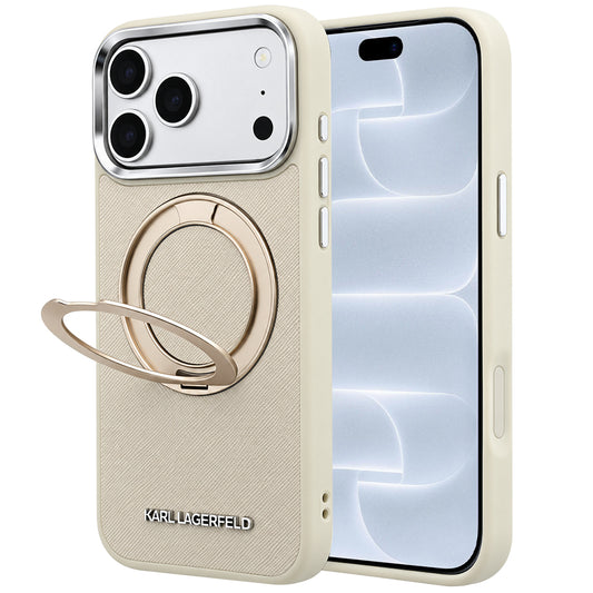Pouzdro MagSafe pro Apple iPhone 18 Pro / 17 Pro, Karl Lagerfeld, Ring Stand 360 Saffiano, béžové