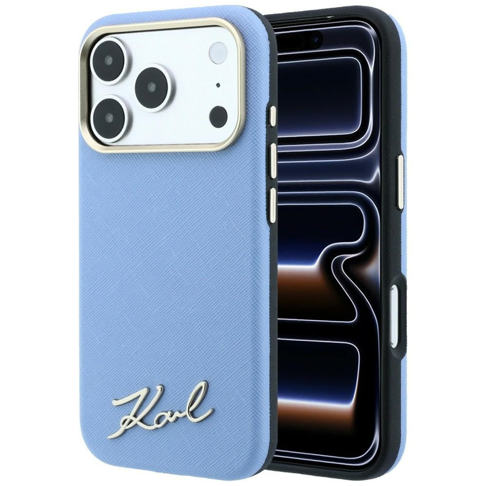 MagSafe pouzdro pro Apple iPhone 18 Pro / 17 Pro, Karl Lagerfeld, Saffiano Small Script Metal Logo, Bleu