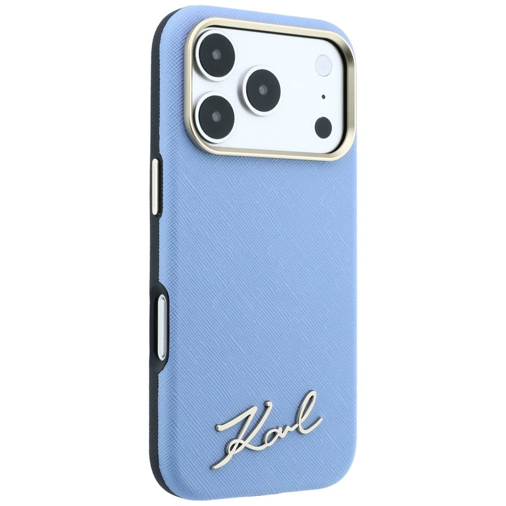 MagSafe pouzdro pro Apple iPhone 18 Pro / 17 Pro, Karl Lagerfeld, Saffiano Small Script Metal Logo, Bleu