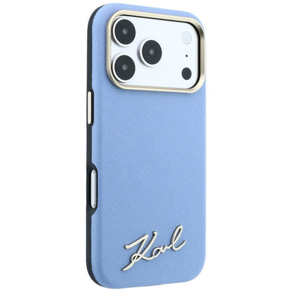 MagSafe pouzdro pro Apple iPhone 18 Pro / 17 Pro, Karl Lagerfeld, Saffiano Small Script Metal Logo, Bleu