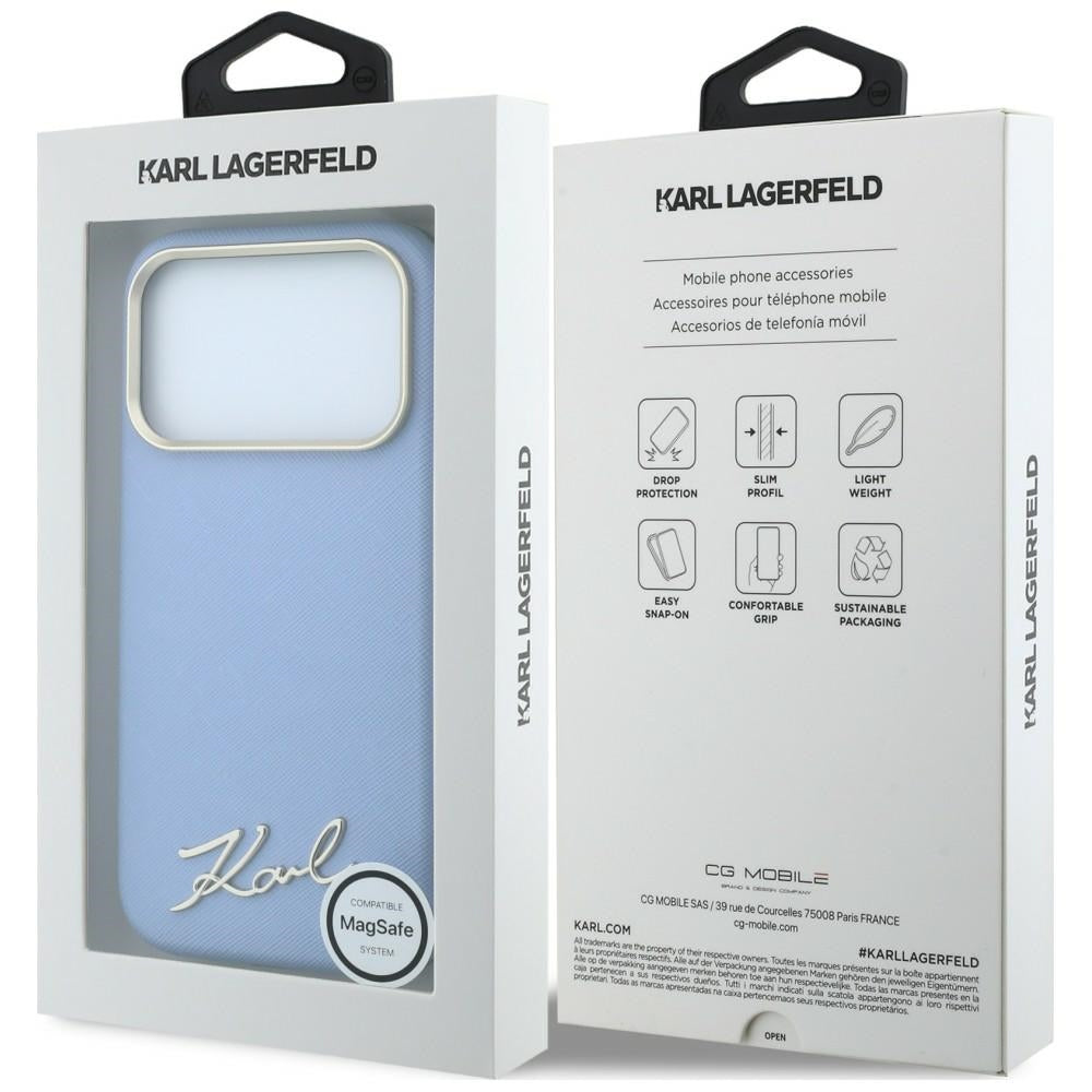 MagSafe pouzdro pro Apple iPhone 18 Pro / 17 Pro, Karl Lagerfeld, Saffiano Small Script Metal Logo, Bleu
