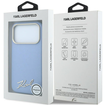 MagSafe pouzdro pro Apple iPhone 18 Pro / 17 Pro, Karl Lagerfeld, Saffiano Small Script Metal Logo, Bleu