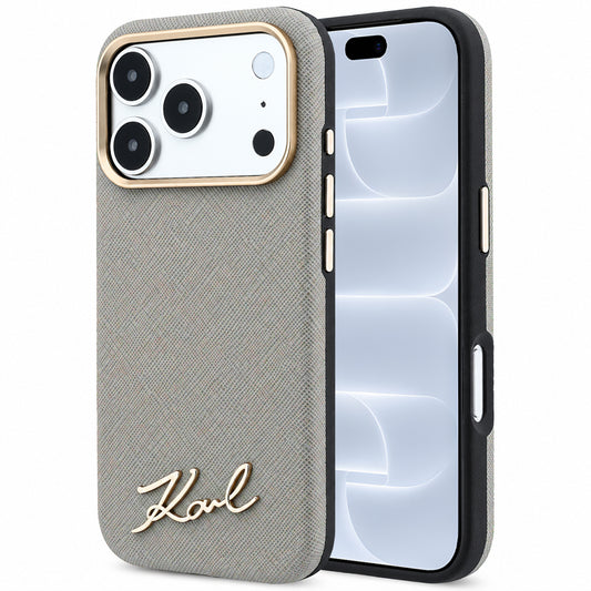 MagSafe pouzdro pro Apple iPhone 18 Pro / 17 Pro, Karl Lagerfeld, Saffiano Small Script Metal Logo, Šedá Béžová