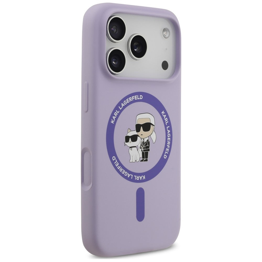 Pouzdro MagSafe pro Apple iPhone 18 Pro / 17 Pro, Karl Lagerfeld, silikonový kroužek Karl & Choupette, fialové