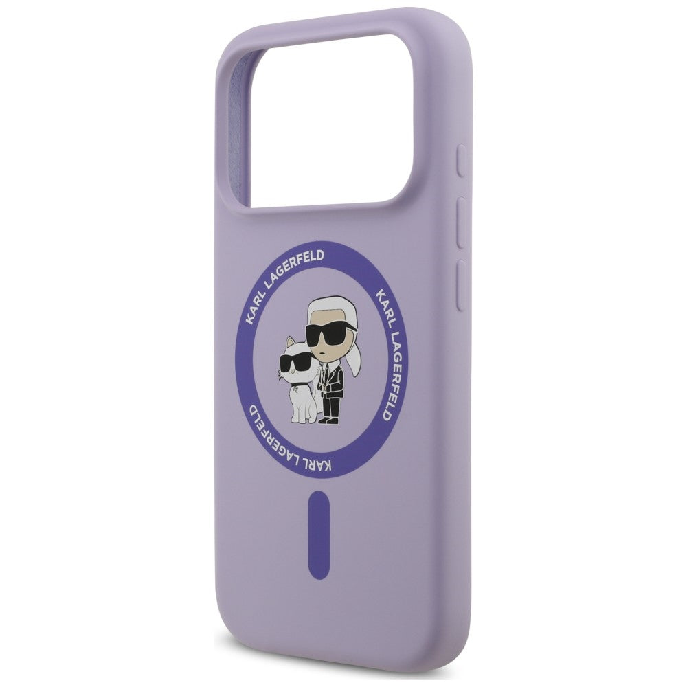 Pouzdro MagSafe pro Apple iPhone 18 Pro / 17 Pro, Karl Lagerfeld, silikonový kroužek Karl & Choupette, fialové