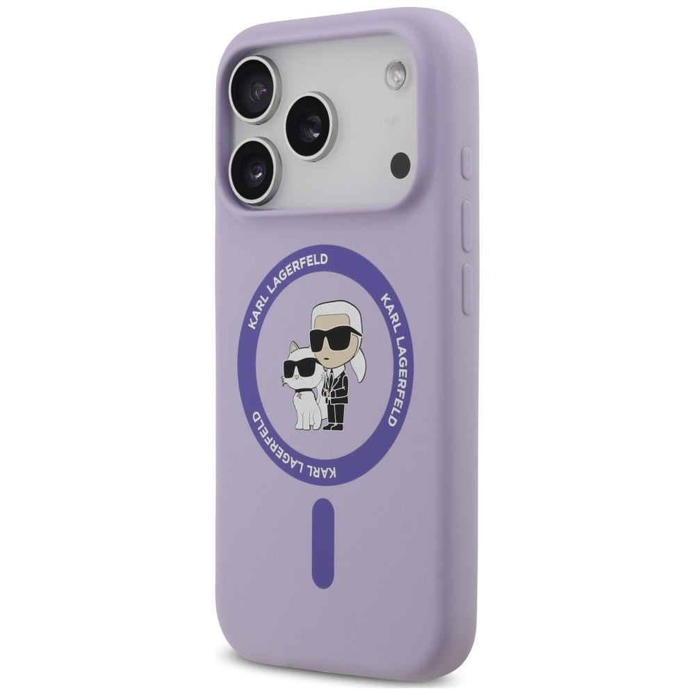 Pouzdro MagSafe pro Apple iPhone 18 Pro / 17 Pro, Karl Lagerfeld, silikonový kroužek Karl & Choupette, fialové