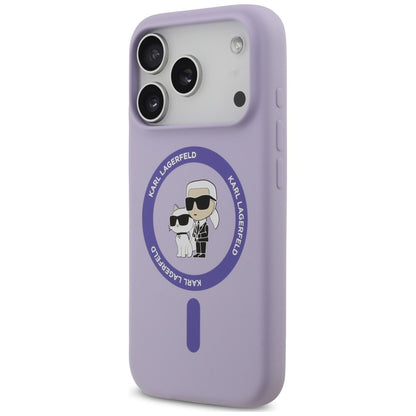 Pouzdro MagSafe pro Apple iPhone 18 Pro / 17 Pro, Karl Lagerfeld, silikonový kroužek Karl & Choupette, fialové