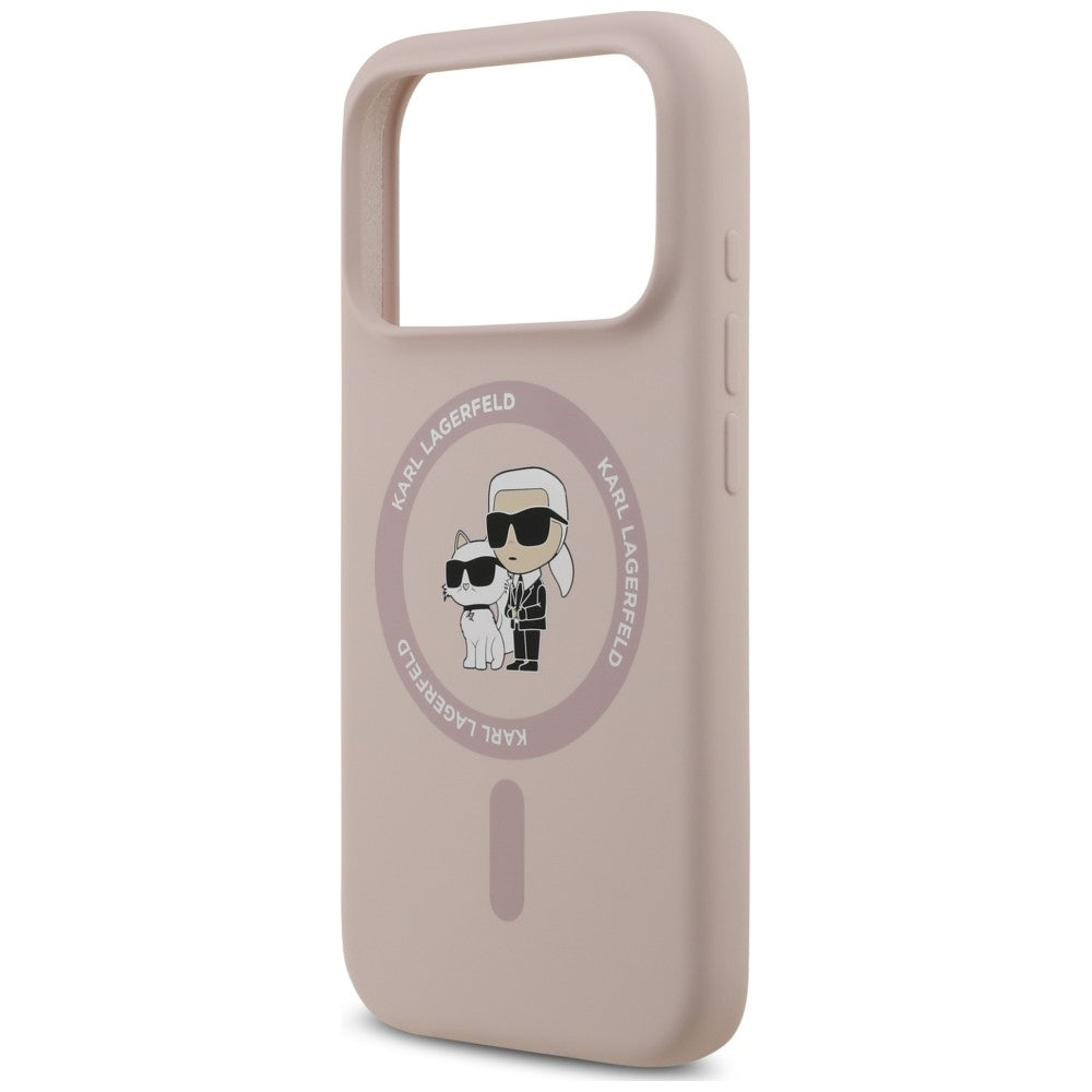 Pouzdro MagSafe pro Apple iPhone 18 Pro / 17 Pro, Karl Lagerfeld, silikonový kroužek Karl & Choupette, růžové